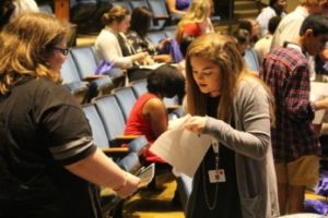 Public and private high school students in 10th through 12th grade trade business cards at the first South Carolina Leadership Conference Wednesday at Lander University.